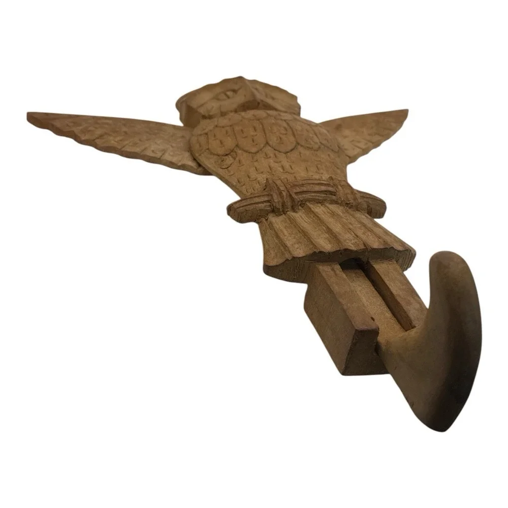Vintage Hand Carved Wood Owl Wall Hook Articulated Flapping Moving Wings 14